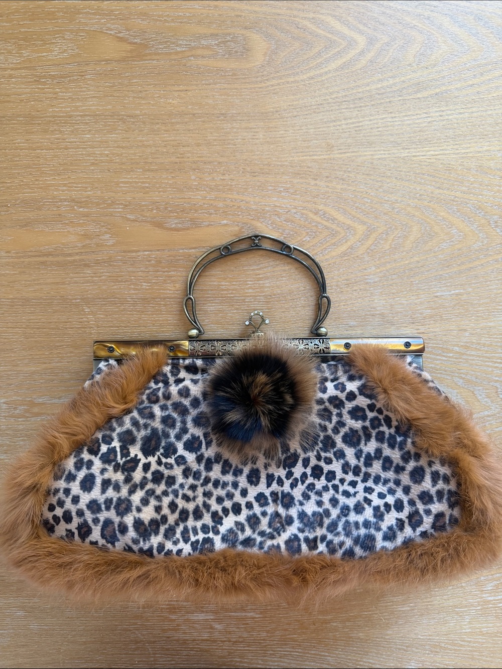 Vintage Leopard Faux-Fur Kiss-Lock Frame Clutch with Pom Accent and Chain Strap